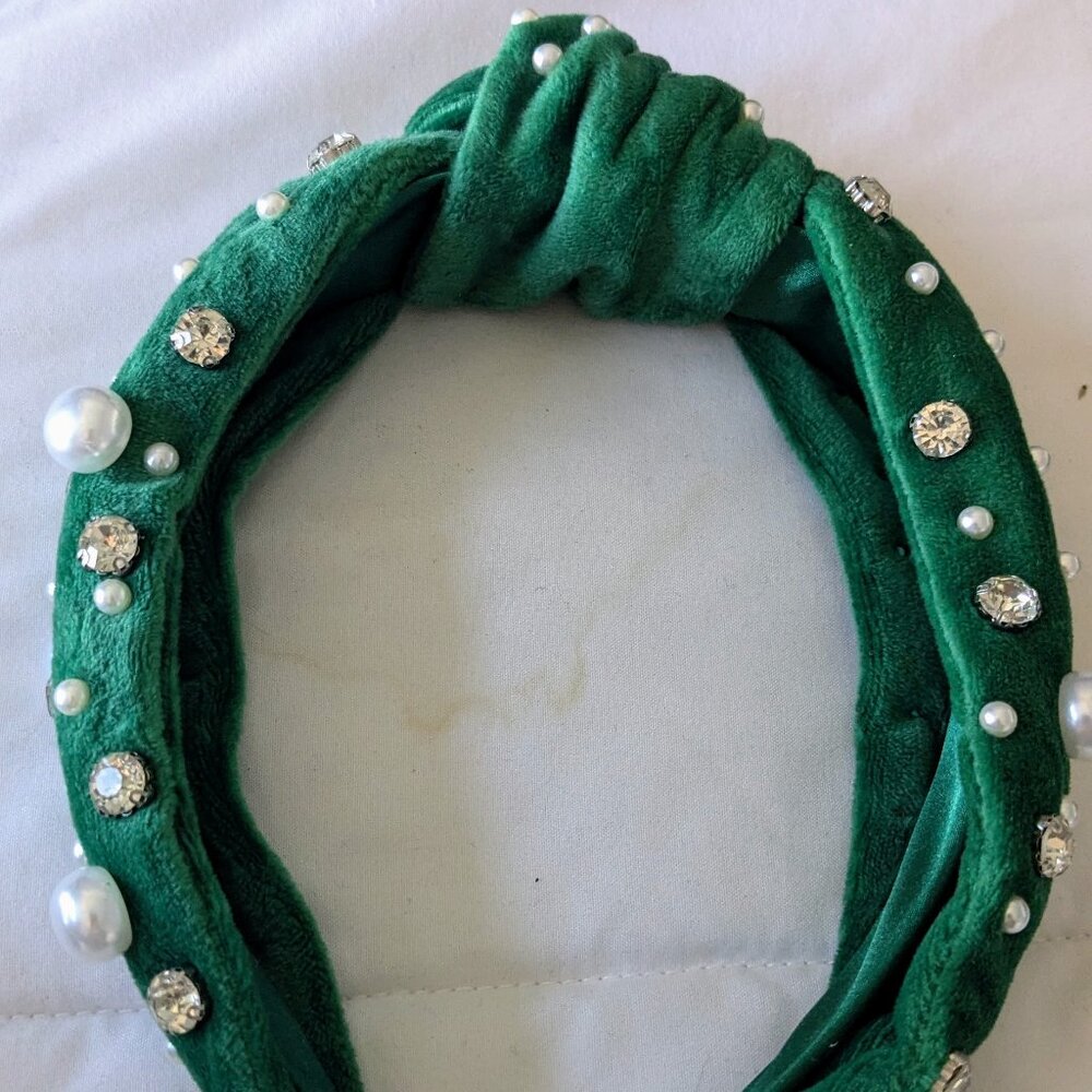 Emerald Velvet Pearl & Crystal Knot Headband